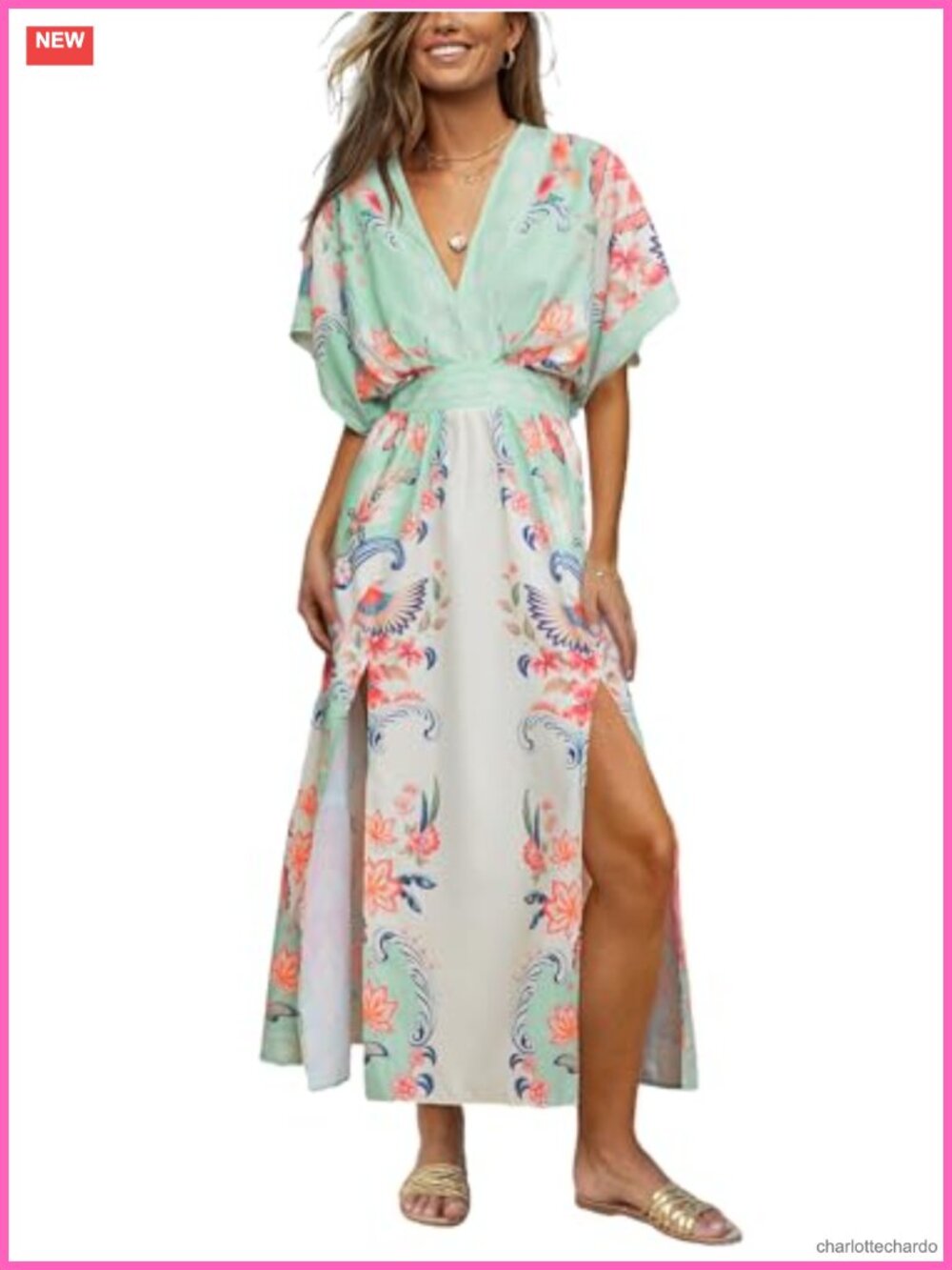 CUPSHE Floral Maxi Dress with Pockets, Smocked Waist, Side Slit, V-Neck, Short